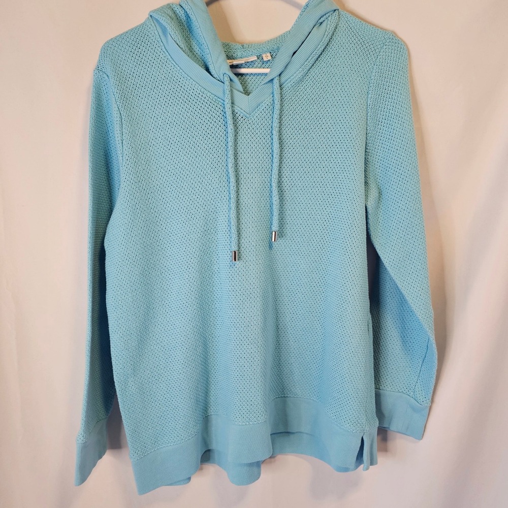 Chico's Waffle Knit Pullover Hoodie Size 2 L Light Blue Coastal Casual Beach